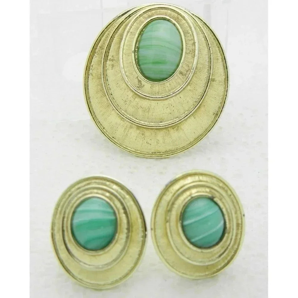 VTG SARAH COVentry Gold Tone Green Marbled Glass Cabochon Demi Parure Set